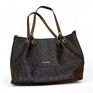 Calvin Klein Signature MonogramTote Hand Shoulder Bag with Brown Leather Straps